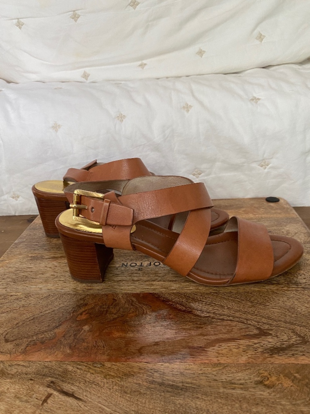 Michael Kors Cognac Brown Leather Block Heel Ankle Strap Sandals Size 9M